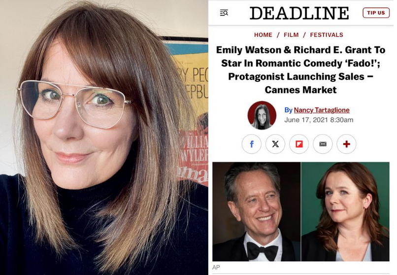 A headshot of Andrea Mann, a white woman with mid-length brown hair and glasses – next to a screengrab of a headline from a DEADLINE website news story: Emily Watson & Richard E Grant To Star In Romantic Comedy 'Fado!'